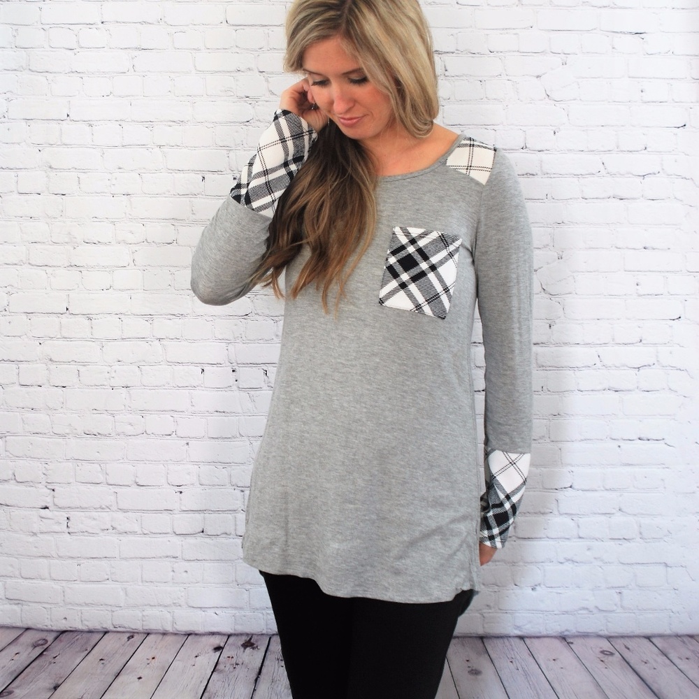 Large Cream & Black Plaid Grey Top